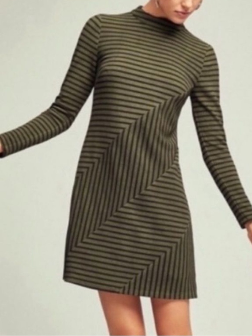 {Anthropologie} Hutch | Gabby Striped Long Sleeve Mod Mini Dress Olive/Black (M)